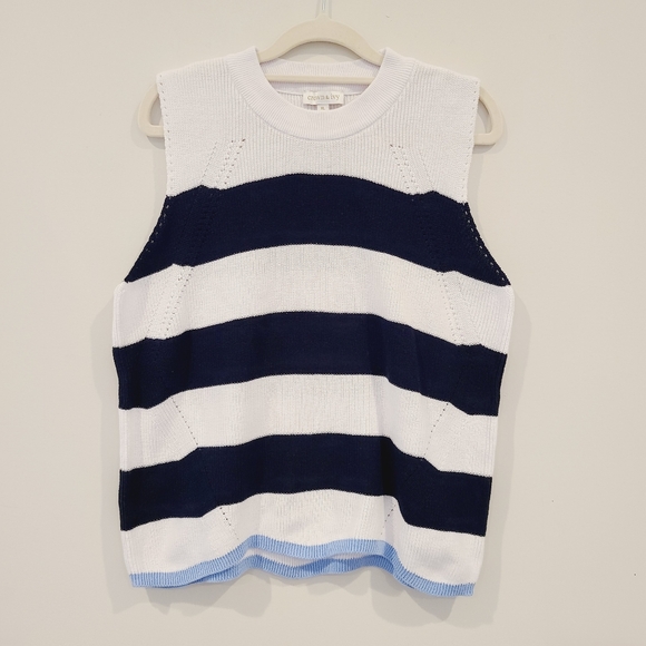 crown & ivy Tops - Crown & Ivy White And Navy Striped  Cotton Knit Sweater Tank Top